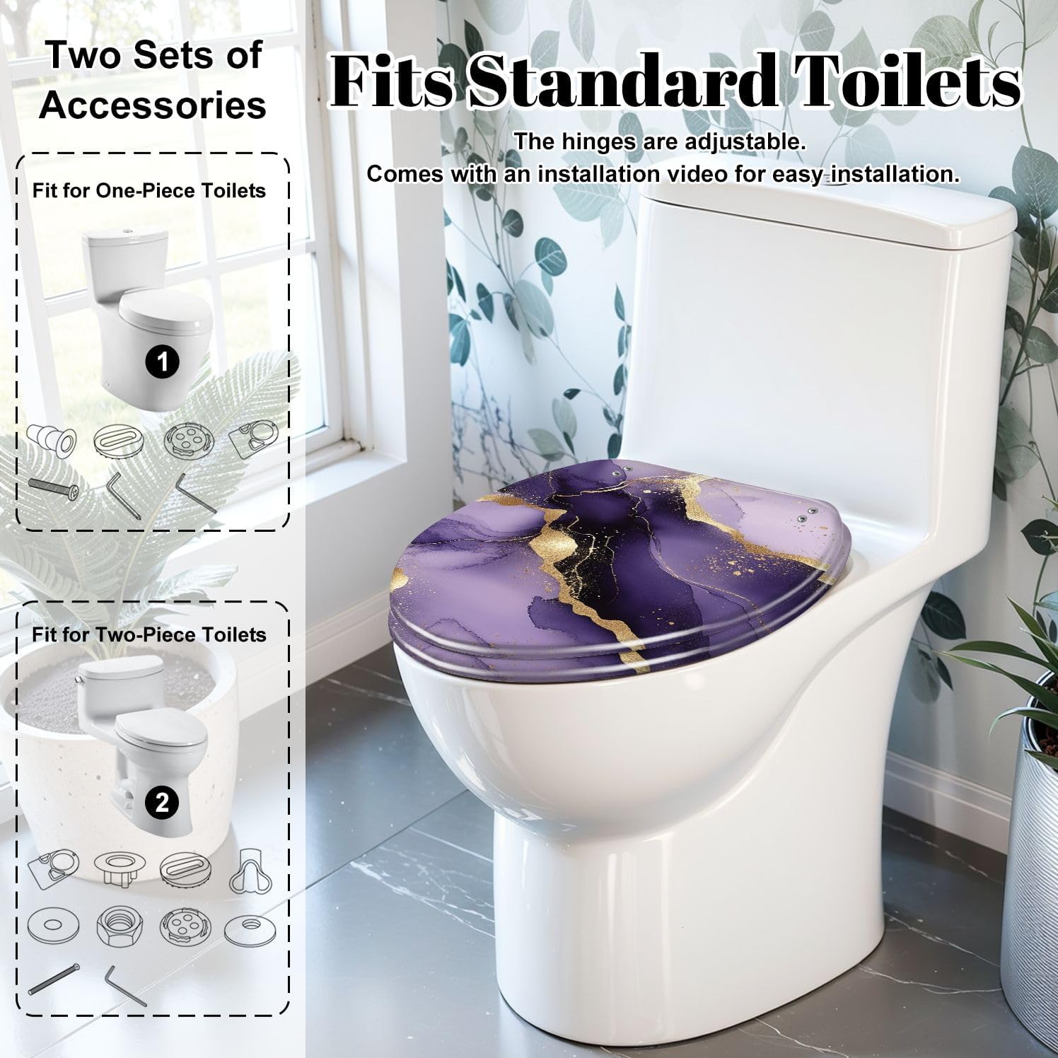 Elongated Toilet Seat Purple marble gold stripes alcohol ink Luxury violet black watercolor Resin Toilet Seat Slow Quiet Close Lid with Quick-Release Hinges Cover Bumpers Easy to Clean Install
