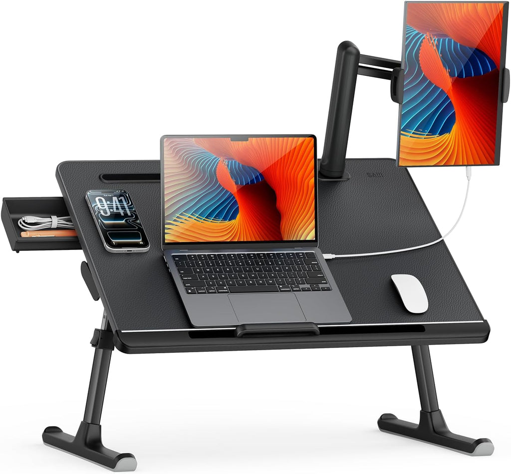 SAIJI Dual Screen Laptop Bed Desk | Foldable Adjustable Lap Desks for Adults, X-Large Couch Bed Tray Table with Portable Monitor Stand and Drawer