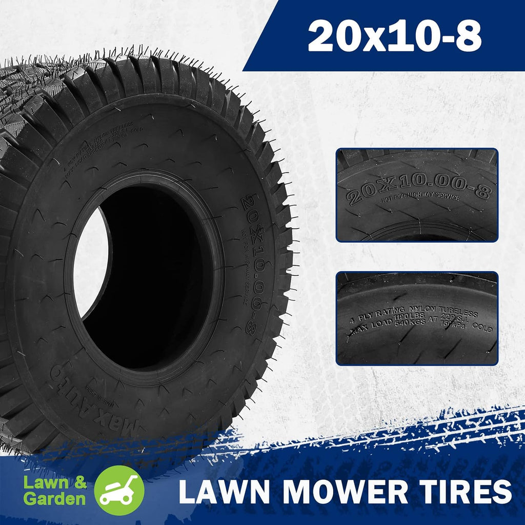MaxAuto 15x6.00-6 & 20x10.00-8 Lawn Mower Front & Rear Tire Set, 4Ply Tubeless Tire 15x6-6nhs & 20x10x8nhs Truf Tires for Golf Cart, Lawn & Garden Tractor, 4 Pack in 2 Packages