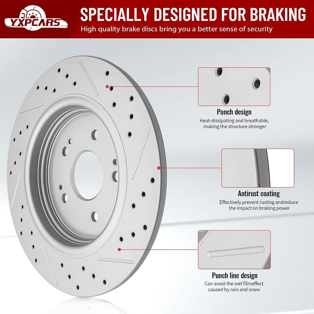 Front & Rear Drilled Slotted Rotors and Ceramic Disc Brake Pads Kit for Chevy Malibu 2016 2017 2018 2019 With Manual Parking Brake