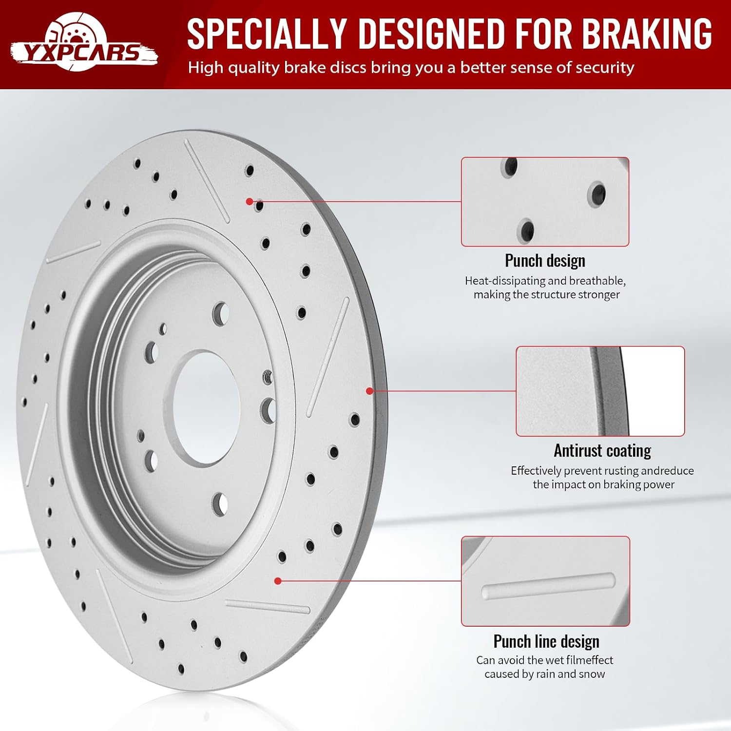 Front & Rear Drilled Slotted Rotors and Ceramic Disc Brake Pads Kit for Chevy Malibu 2016 2017 2018 2019 With Manual Parking Brake