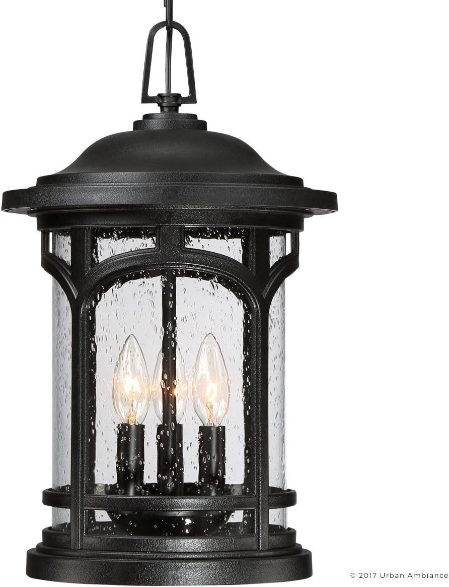 Urban Ambiance Luxury Rustic Outdoor Pendant Light, Large Size: 18' H x 11' W, with Colonial Style Elements, Wrought Iron Design, High-End Black Silk Finish and Seeded Glass, UQL1108