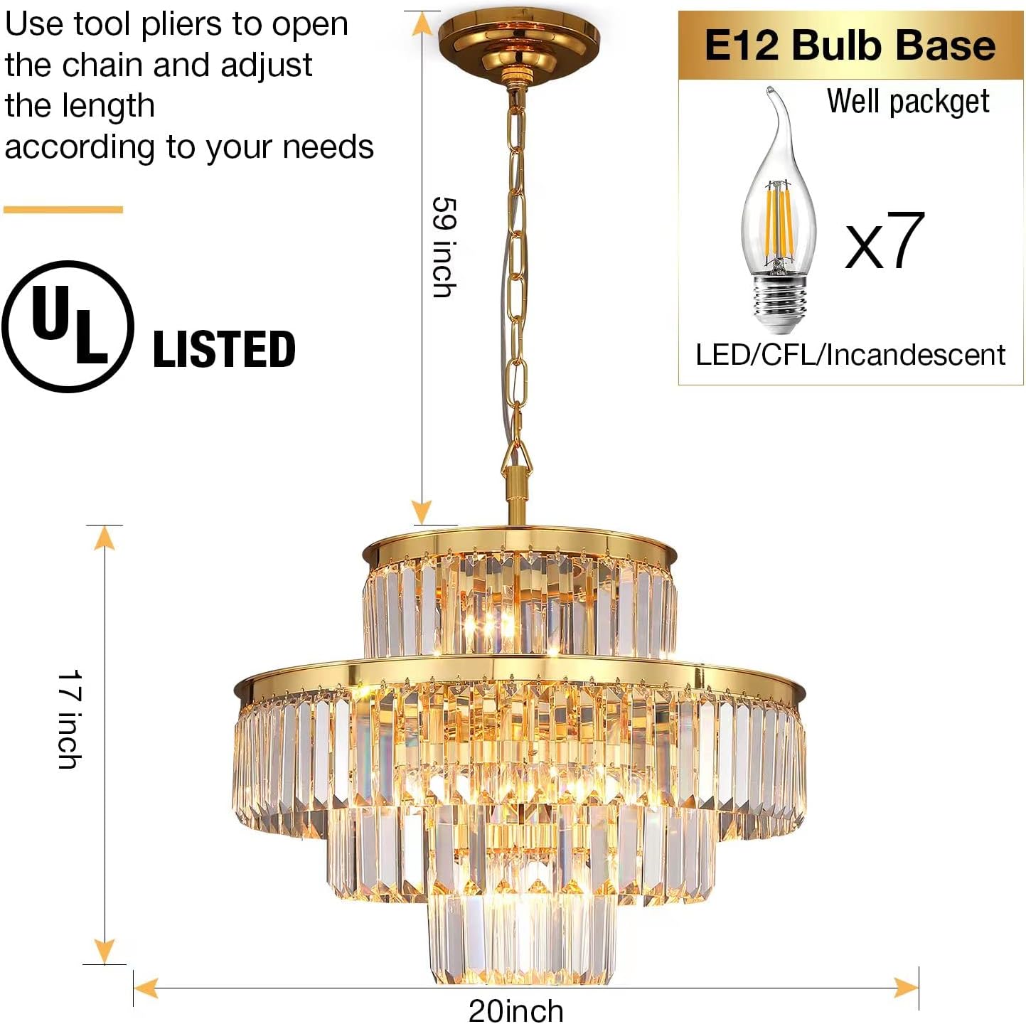 Modern Style Crystal Chandeliers & LightsRound Hanging Classic, Pendant Ceiling Chandelier Lighting Fixture 4-Tier for Dining Room Living Room(Gold Orange,20 inch)
