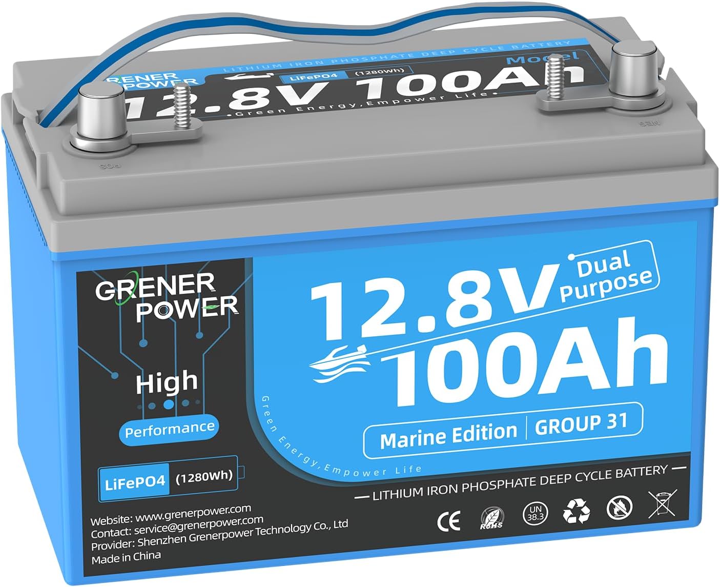 12.8V100Ah Group 31 Dual Purpose LiFePO4 Battery, Built-in 200A BMS, IP66 Waterproof, and Max. 900A Marine Cranking Starting Lithium Battery, Up to 4P4S for Outboard Motors, Boat, RV, Home