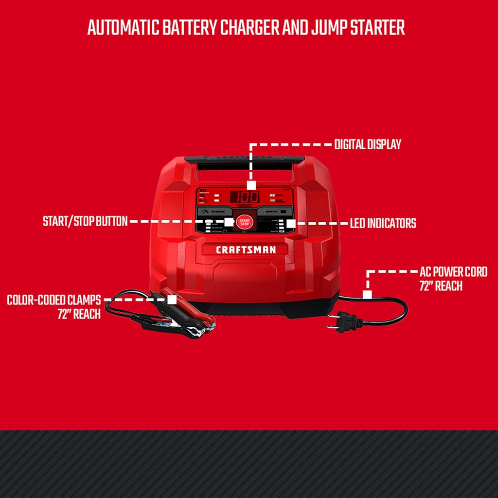 CRAFTSMAN 6A Car Battery Charger and 100A Engine Starter, 6-in-1 Solution, Battery Maintainer, 30A Boost, for 6V/12V Power Sport, Automotive, and Marine Batteries, CMXCESM253