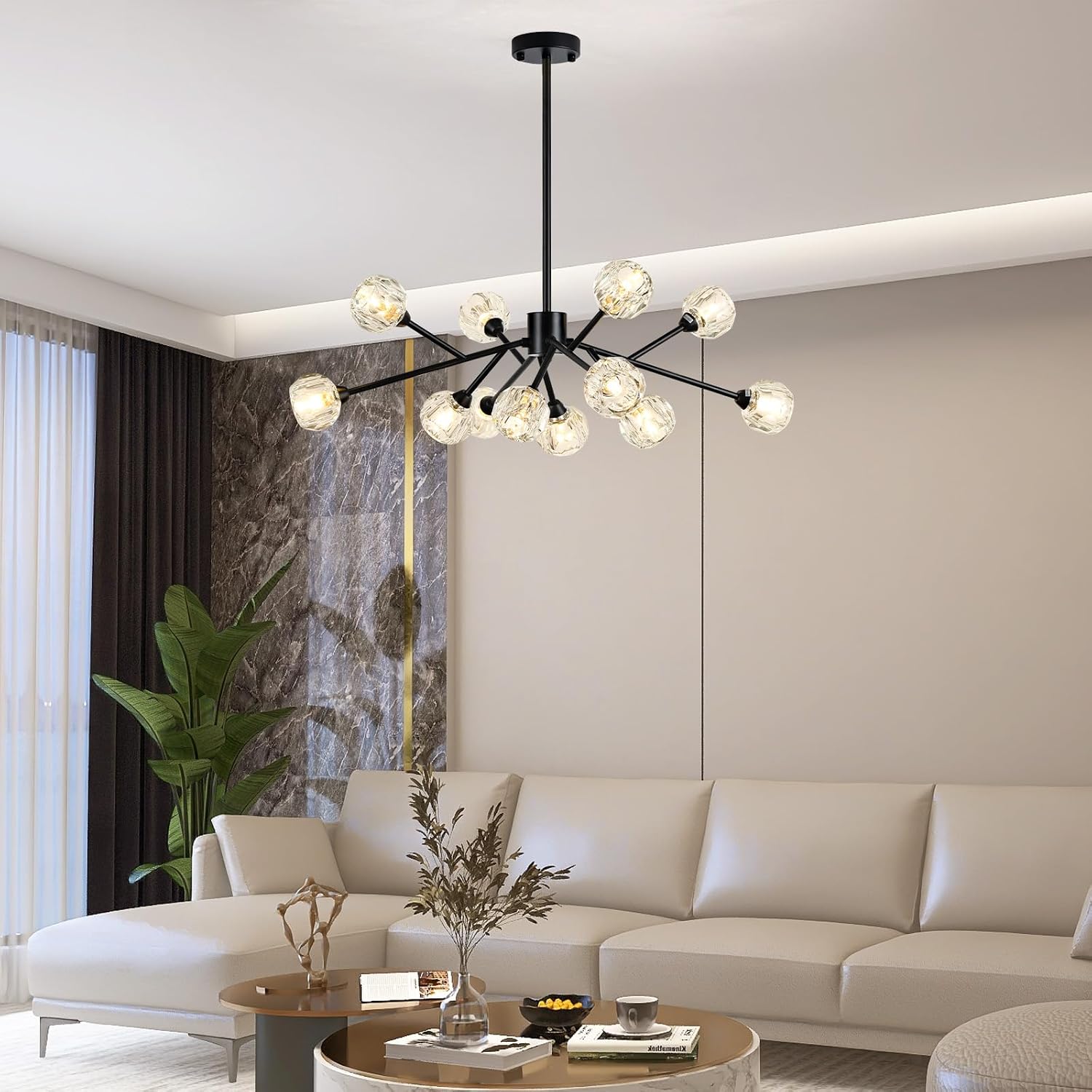 Weesalife Sputnik Chandeliers for Dining Room Light Fixture Over Table, Modern Crystal Chandeliers, 12 Lights Black Lighting Fixtures for Living Room Bedroom Kitchen Island Bar