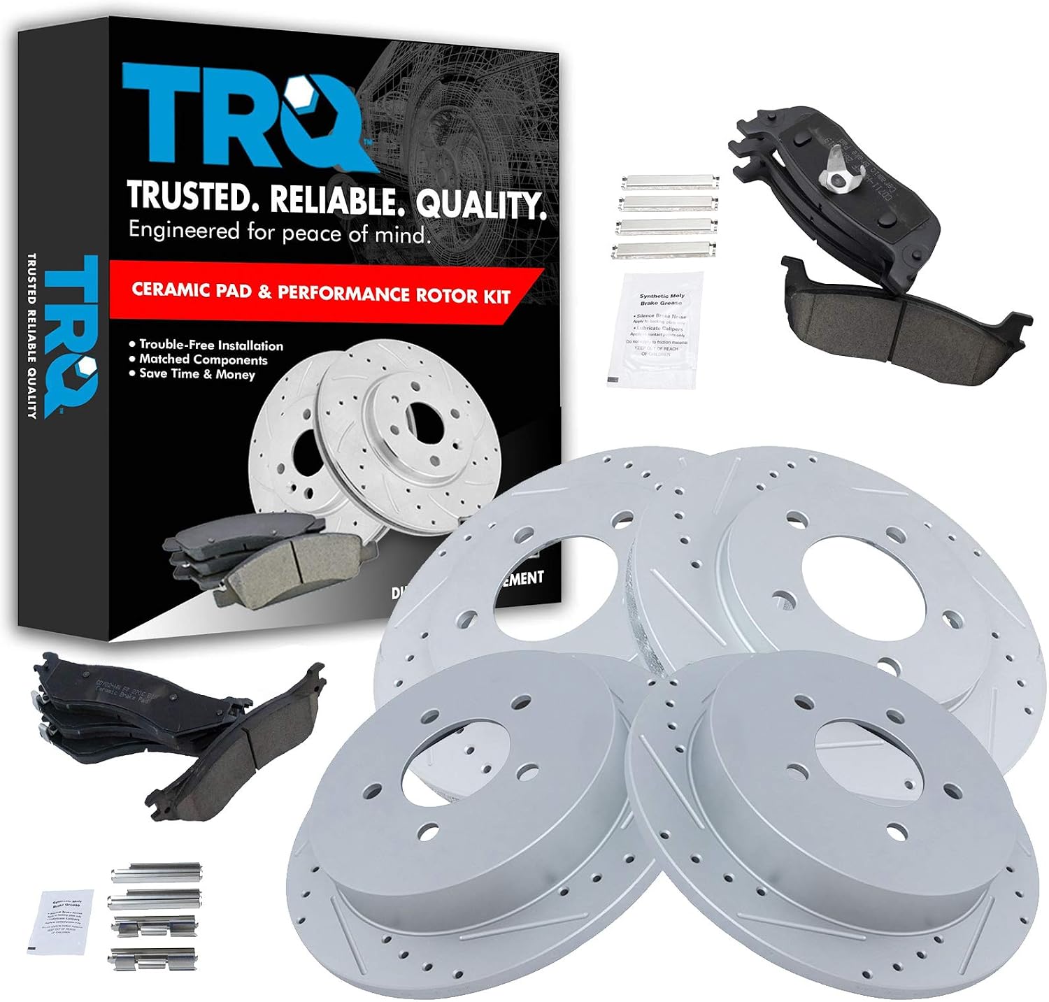 TRQ Front and Rear Performance Brake Pad & Rotor Kit Ceramic Premium G-Coated Compatible with 1997-2002 Ford Expedition 1998-2002 Lincoln Navigator