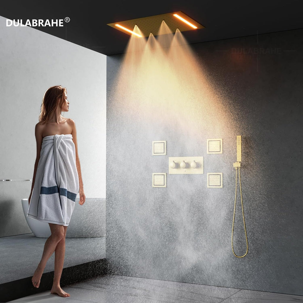 Bathroom Brushed Gold Ceiling 20X14 Inch Rain Shower Head With LED Control Spa Bath Body Massage Combo Set Luxury Rainfall Shower System Fixtures