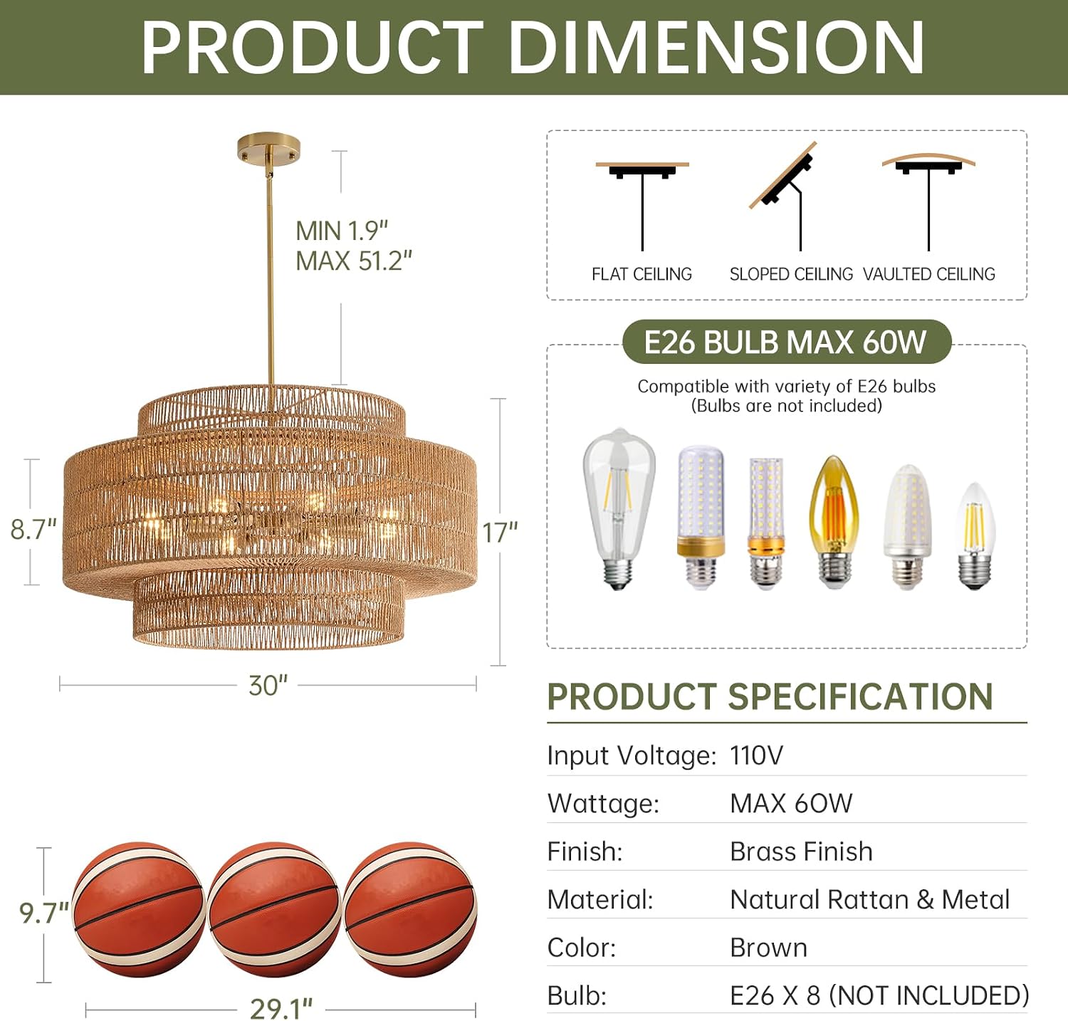 30' Boho Rattan Chandelier Light Fixture, 8-Light Large Hand Woven Pendant Light Fixture Farmhouse Rustic Chandeliers for Dining Room, Kitchen, Bedroom, Living Room, Hallway, Foyer