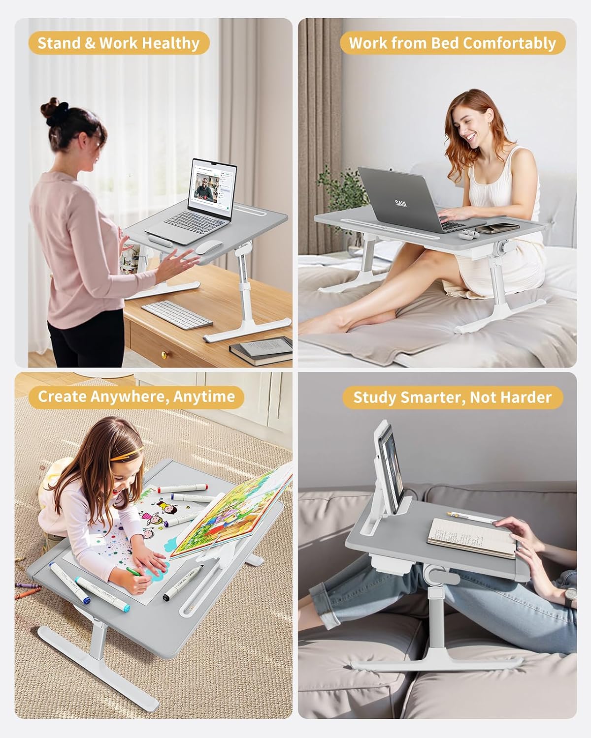 SAIJI Laptop Desk for Bed [Premium XXL Extra Large] with Upgraded Height Angle Adjustable Book Stand,Multi-Purpose Lapdesk Bed Tray Desk for Working Writing Reading Drawing (Grey)