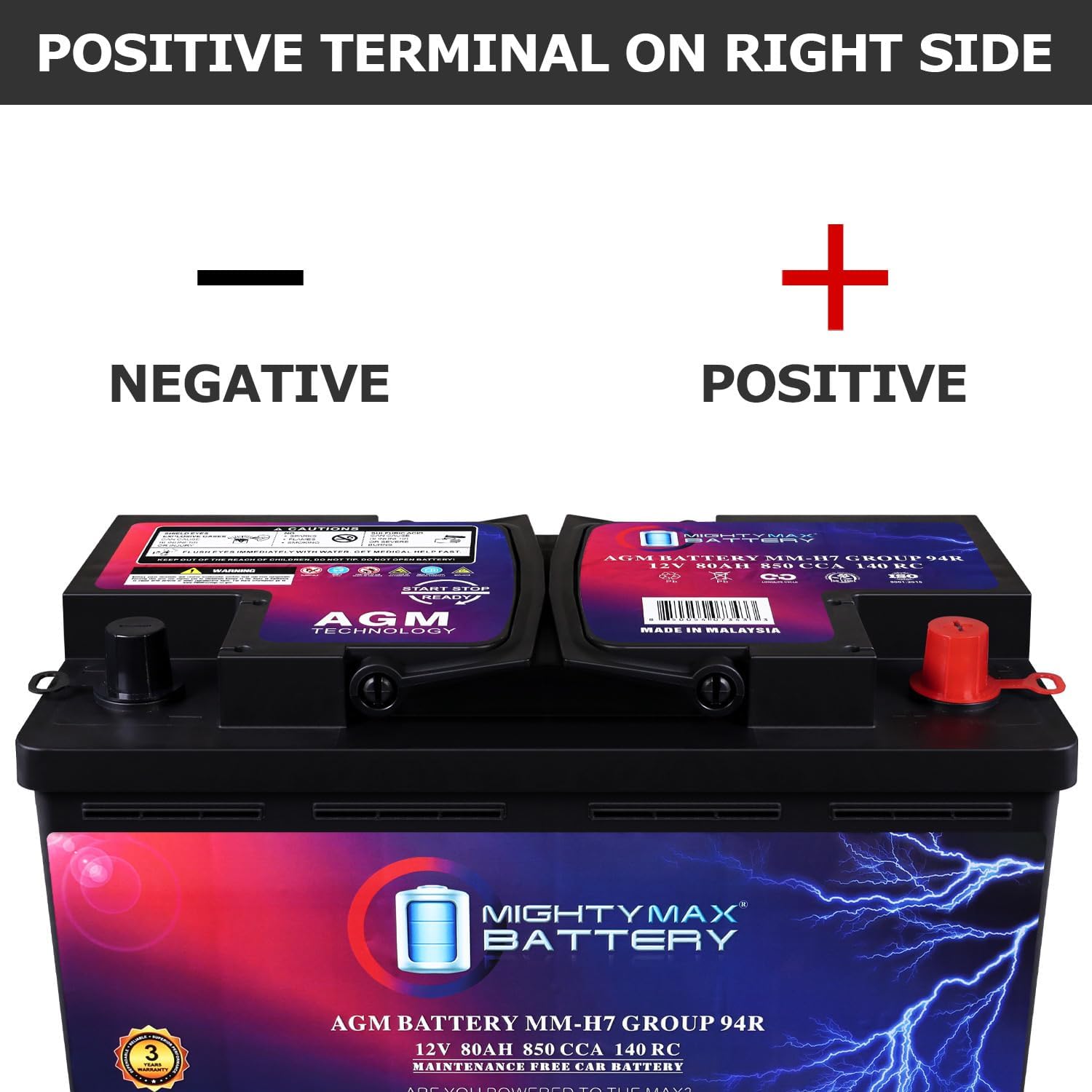 Mighty Max Battery MM-H7 Start and Stop Car BCI Group Size 94R 12V 80AH, 140RC, 850 CCA Rechargeable AGM Car Battery