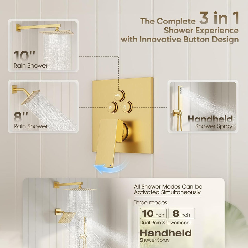 Shower Faucet Set Brushed Gold, 10+8' Dual Rain Shower Head with Handheld Spray for Two People,Wall Mount Rainfall 3 Way Shower Valve and Trim Kit Complete