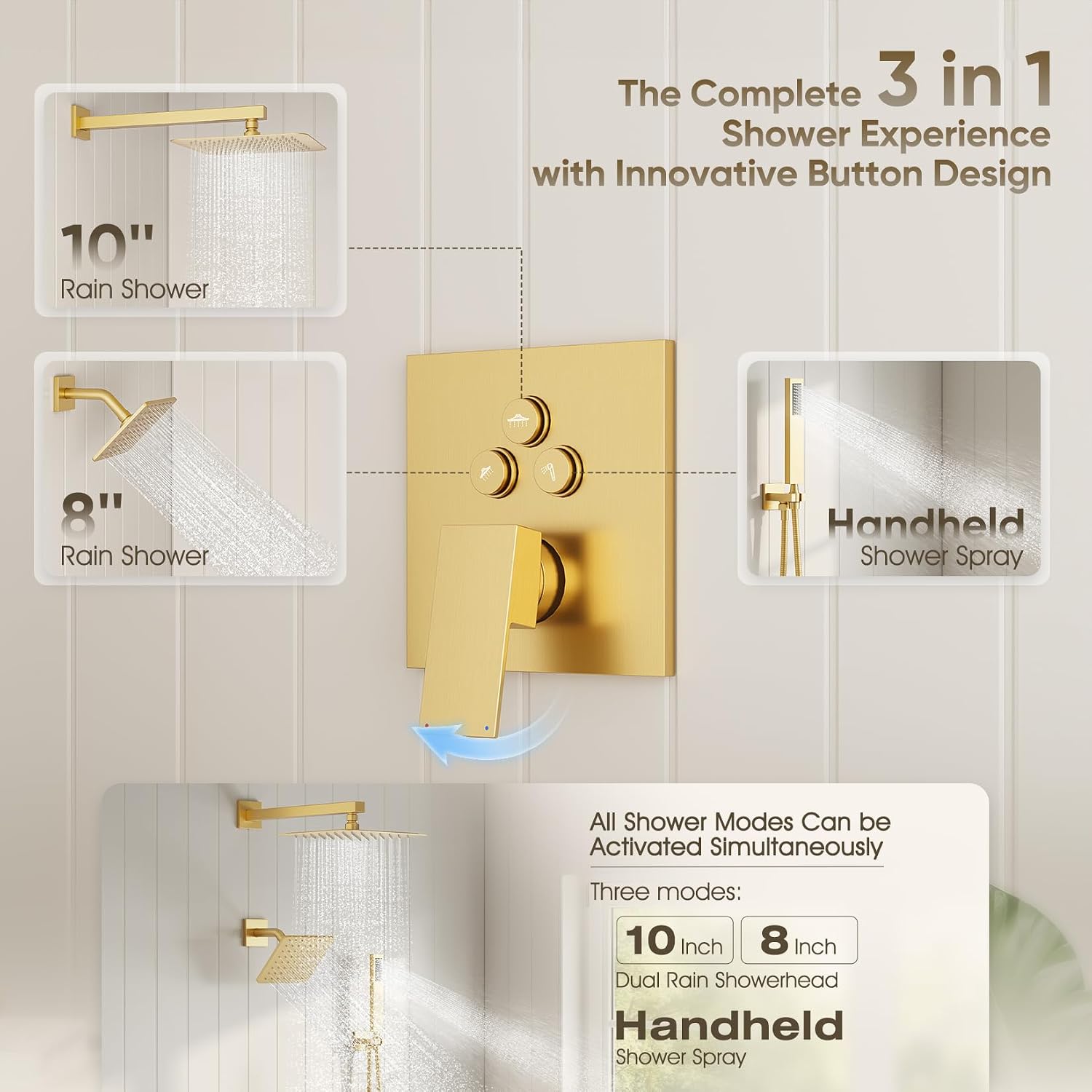 Shower Faucet Set Brushed Gold, 10+8' Dual Rain Shower Head with Handheld Spray for Two People,Wall Mount Rainfall 3 Way Shower Valve and Trim Kit Complete