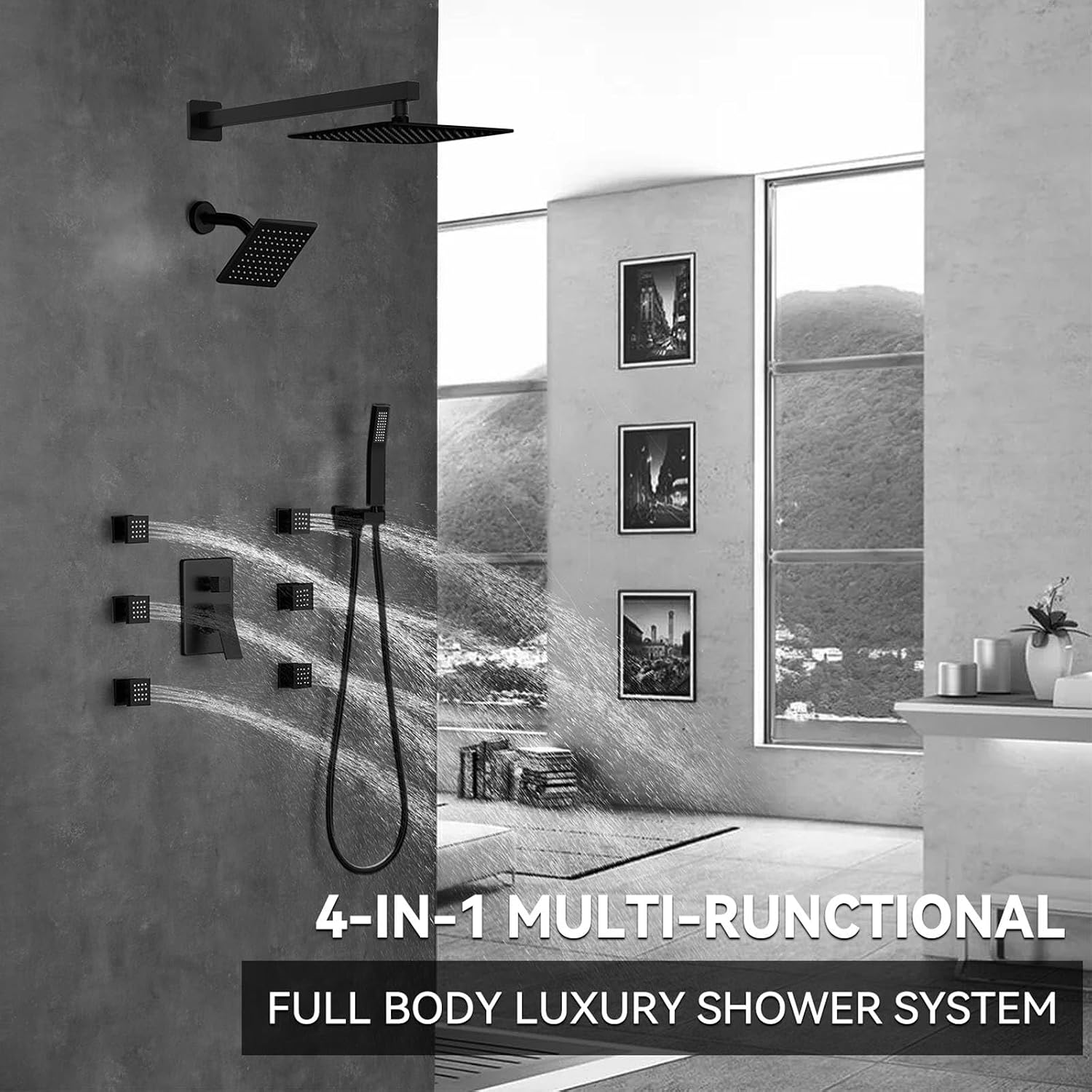 Shower System Matte Black Dual Shower Head with Body Jets, Oupukle Four Modes Shower Faucet Set Wall Mounted 12' & 6' Rain Shower Head with 6PCS Body Jets