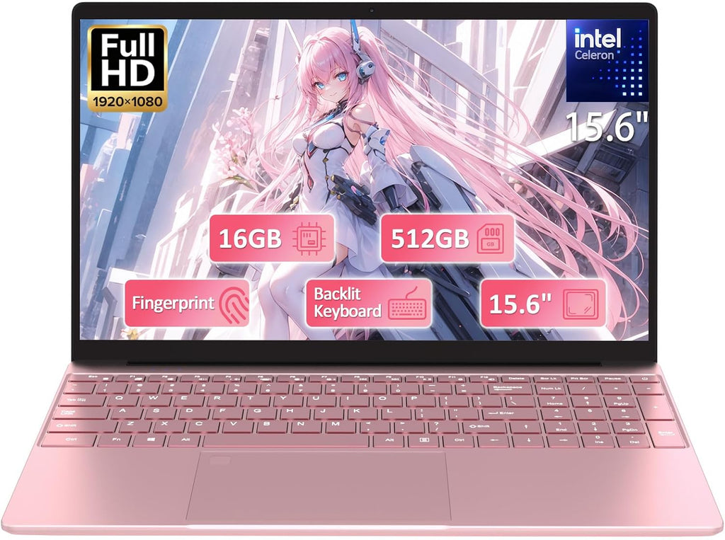 Molegar 15.6' Rose Gold Laptop with Backlit Keyboard and Fingerprint Reader,16GB RAM 512GB NVMe SSD,Webcam,WiFi 5,BT 4.2,HDMI,USB,Cheap Laptops Computer for Work School Home Office Professional Use