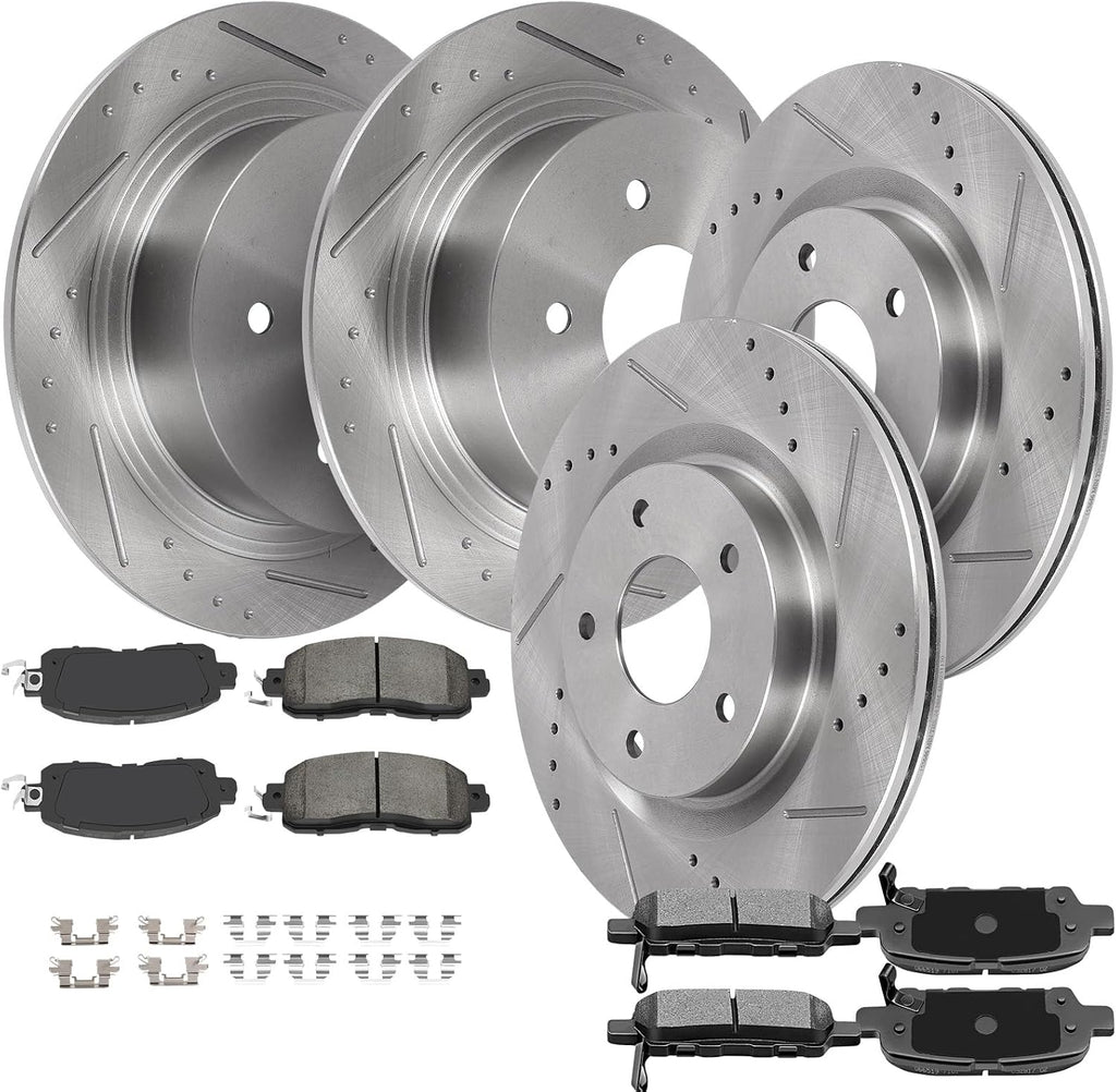 SCITOO Brake Kits For Nissan For Altima 2013-2023 Front Rear Drilled & Slotted Disc Brakes Rotors and Semi Metallic Brakes Pads Replacement:31464;31312;D1650-8878;D905-7784