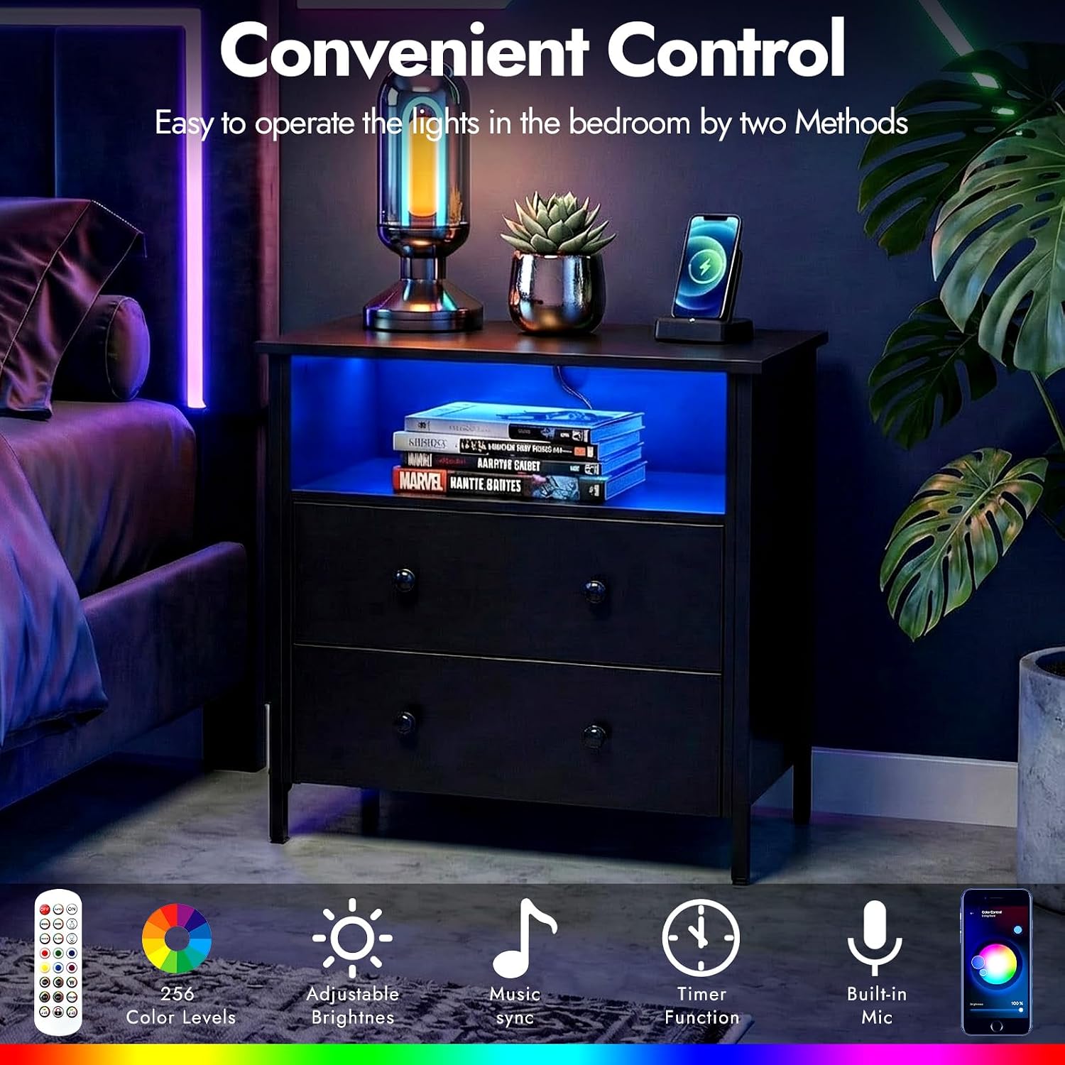 27 Inch Wide Night Stand, Large Wood Night Stand Set 2 with 2 Drawers, LED Nightstand with Charging Station and Adjustable Drawer, Bedside Table for Living Room/Bedroom/Study/Office, Black.