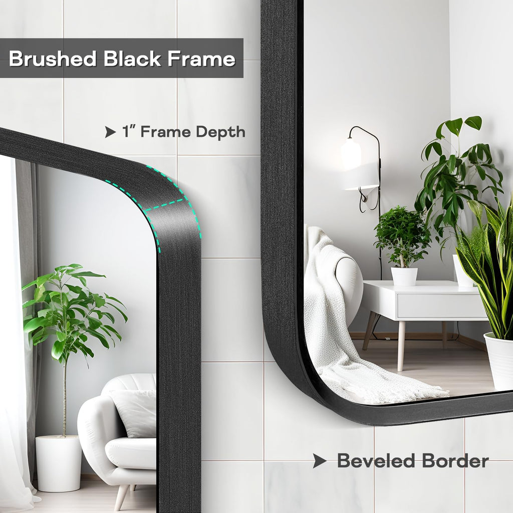 Wall Mount Mirror for Bathroom, Brush Black Metal Framed Rounded Corner Rectangular Vanity Mirror (16' x 20', Black)