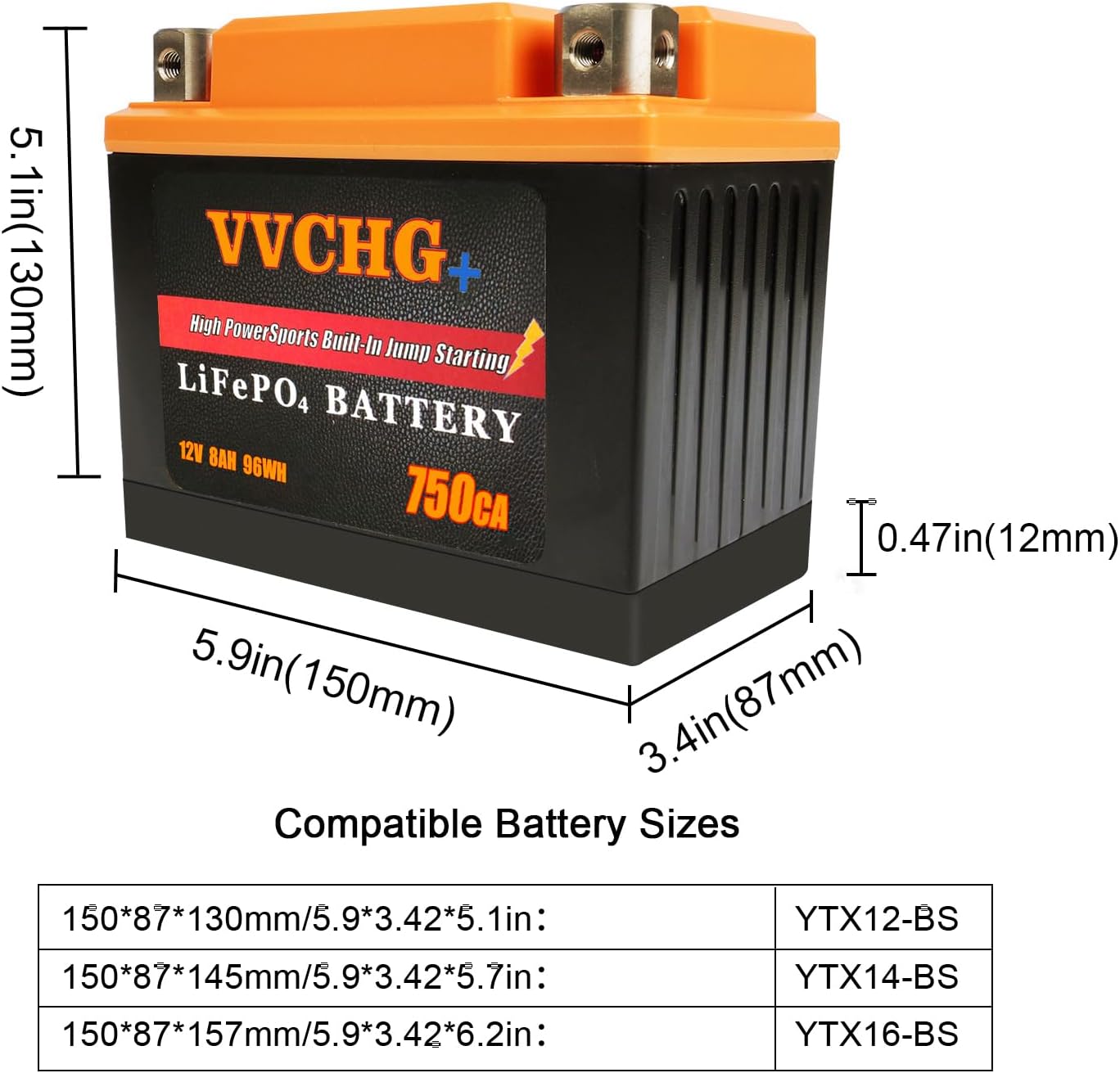 Motorcycle Battery 12V 8Ah 750CA Lithium Batteries, 12 volt ATV Battery, Lifepo4 Battery Compatible with ATV, UTV, Jet Ski, Lawn Mower, Snowmobile, Motorboat, and Generator Battery (8AH)