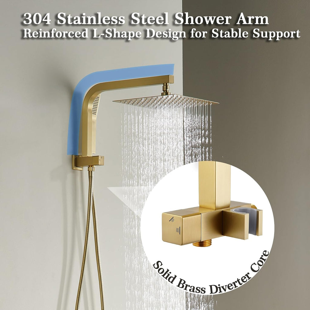 Brushed Gold Shower System with 10Inch Rain Shower Heads with Handheld Spray Combo, Gold Shower Faucet Set with Rain Shower and Handheld, Gold Shower Head and Handle Set(Shower Valve Kit Included)