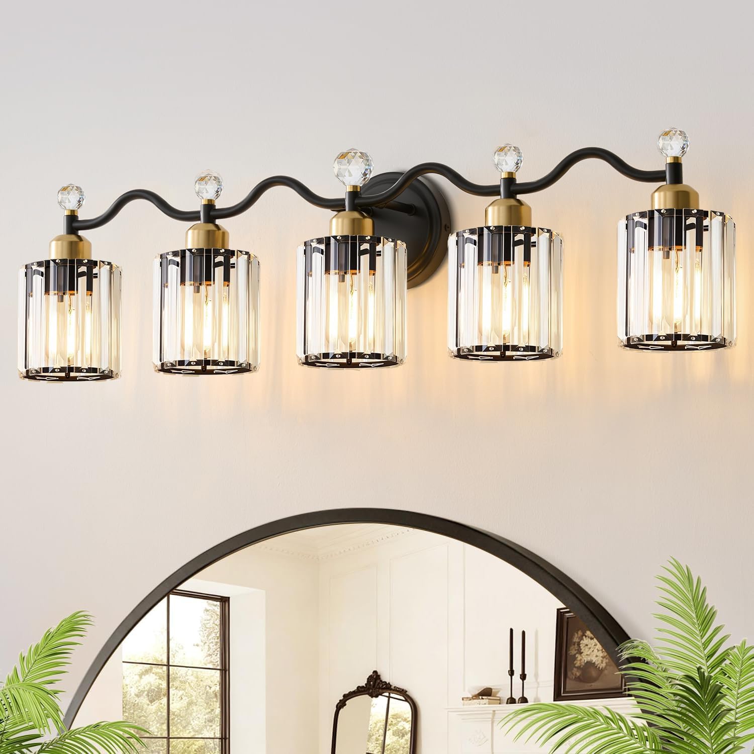 5 Light Vanity Light, Modern Black and Gold Crystal Bathroom Vanity Lighting Fixtures, Bath Wall Mount Lights with Clear Crystal Glass Shade, Wall Sconce Light for Mirror Bedroom Living Room, E26 Base