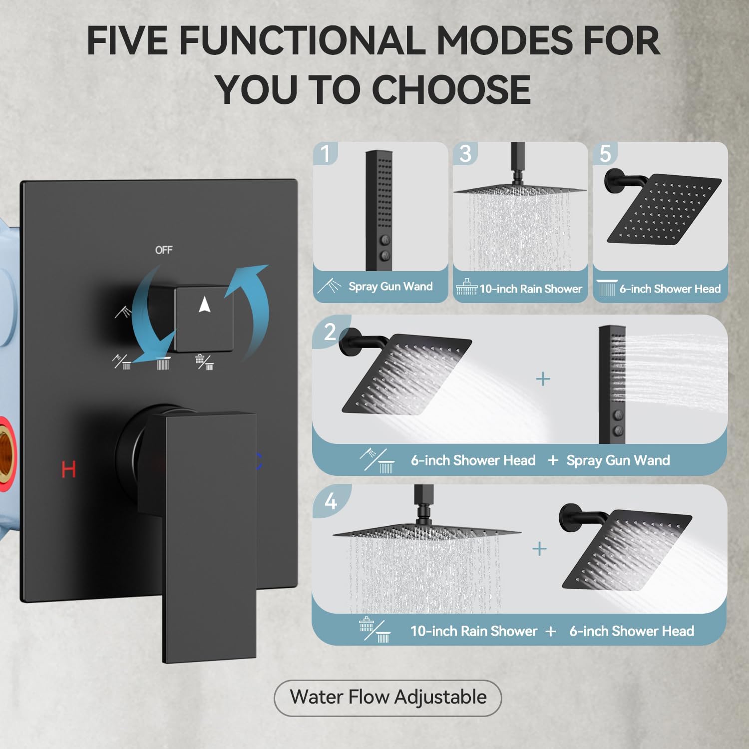 Shower Faucet Sets Matte Black Shower System,Bostingner Five Function Diverter Shower Faucets with 2 in 1 Handheld,10'' Ceiling Mount and 6'' Wall Mount Shower Head Rainfall Shower Set with Valve