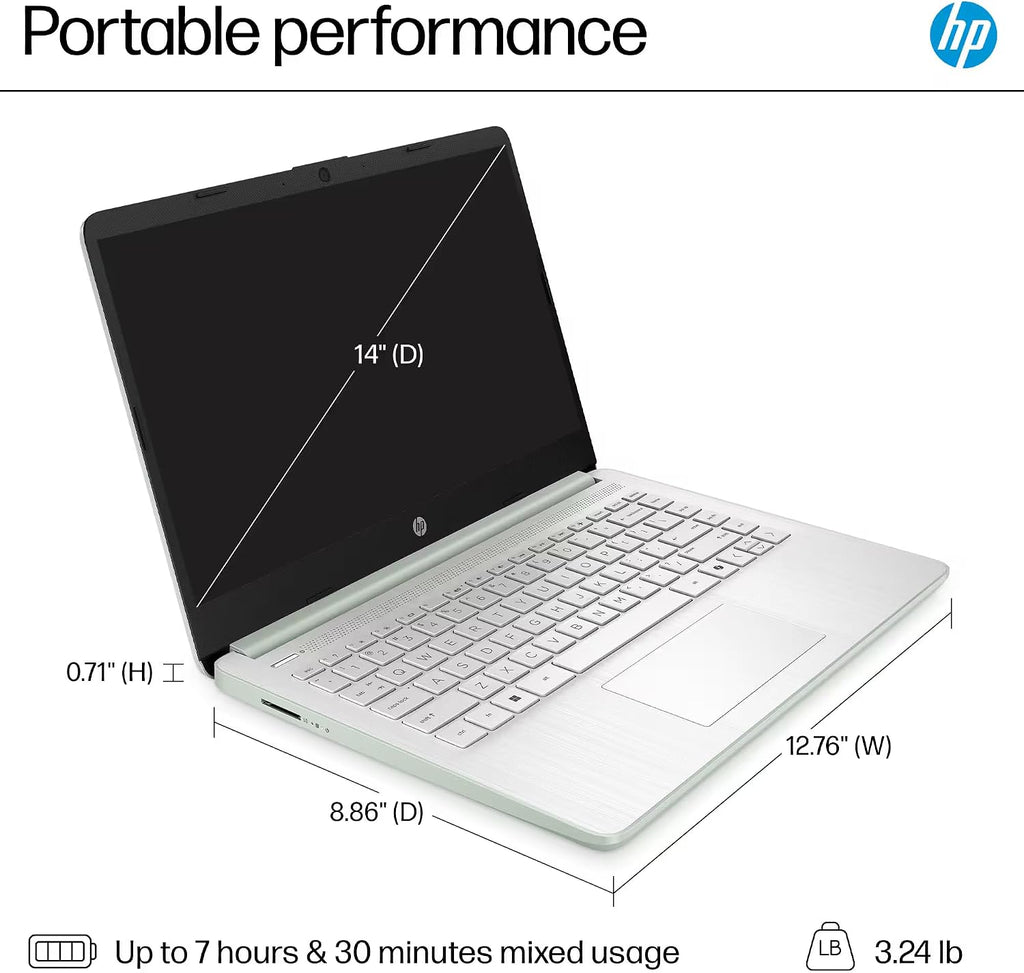 HP 14' Laptop Computer 2025-2026 Business Student, Copilot AI, Lifetime Office, 4-Core Intel CPU, 8GB RAM, 628GB Storage (128GB UFS +500GB Ext), Wi-Fi 6, 10+ Hrs, MarxsolAccessory, Win 11 Pro, Green