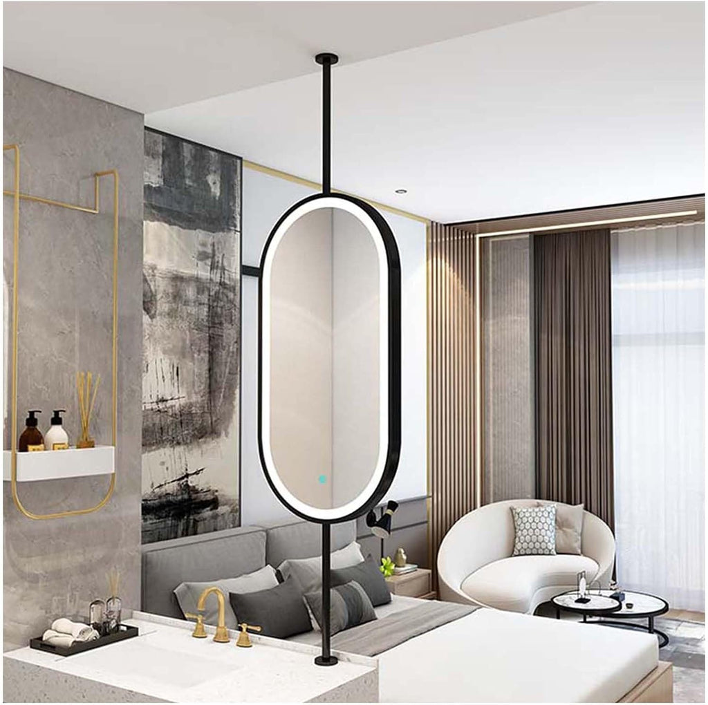 Ceiling Hanging Mirror,Oval Wrought Iron Frame Hanging Mirror,Bathroom Vanity Mirror with LED Lighting,for Bedroom Bathroom Living Room,Black-80L x 50W cm,Black-80L x 50W cm
