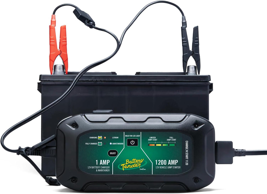 Battery Tender Charge N Start 1120 - Smart 12V/1 AMP Battery Charger and 1200 AMP Jump Starter Combo | 2-in-1 Battery Maintainer for Cars, Motorcycles, ATVs (USA Engineered)