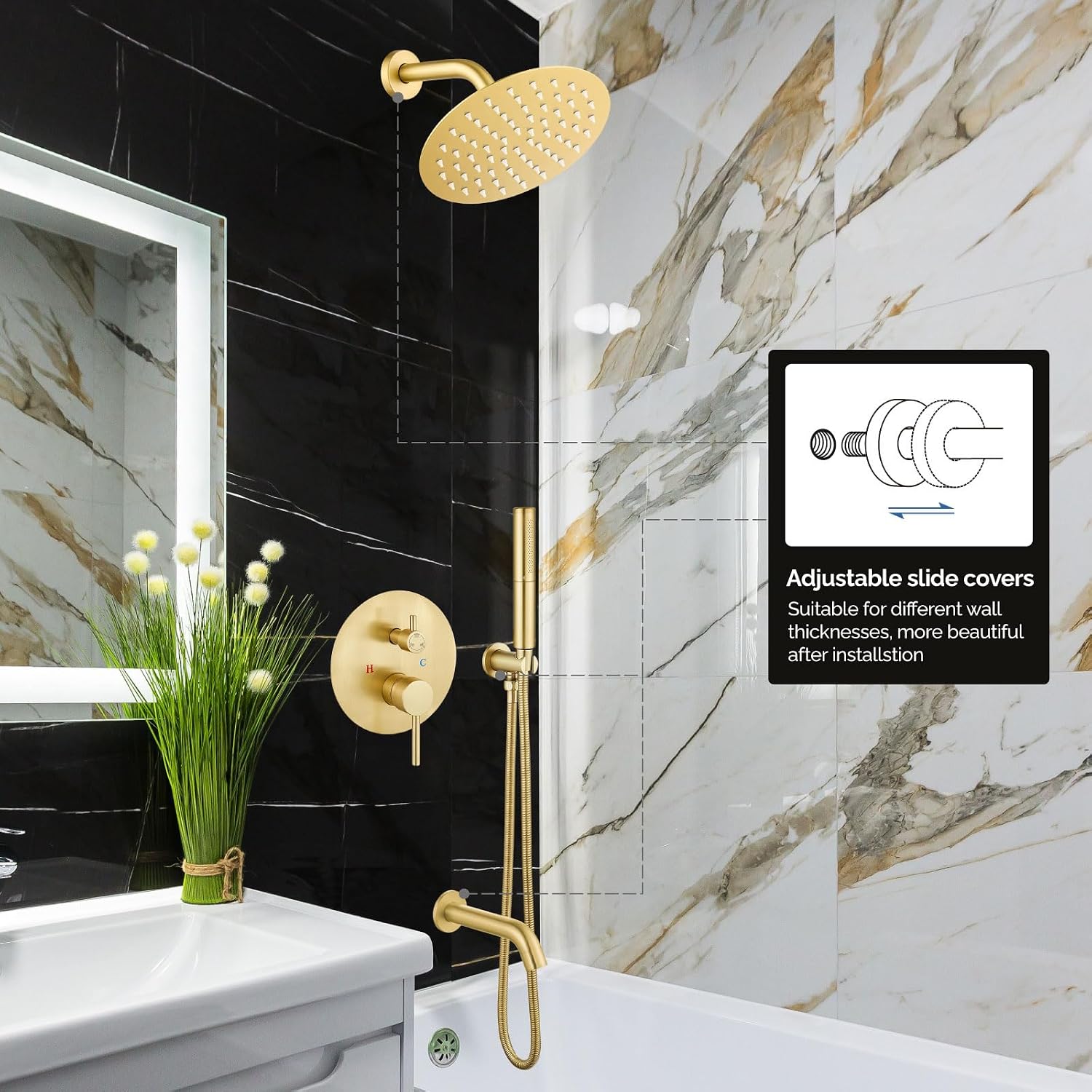 Airuida 3-Function Rain Shower System Set – Wall Mount Tub Shower Combo with Handheld Shower and Tub Spout,8 Inch Shower Head,Brushed Gold