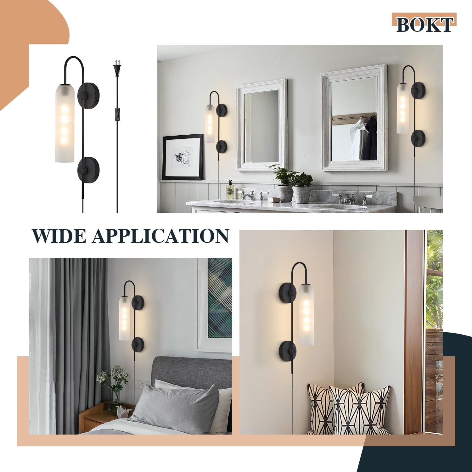 BOKT Black Wall Lights Plug in for Bedroom, Frosted Milky White Glass Wall Sconce Decor, Large Modern Wall Sconces for Living Room