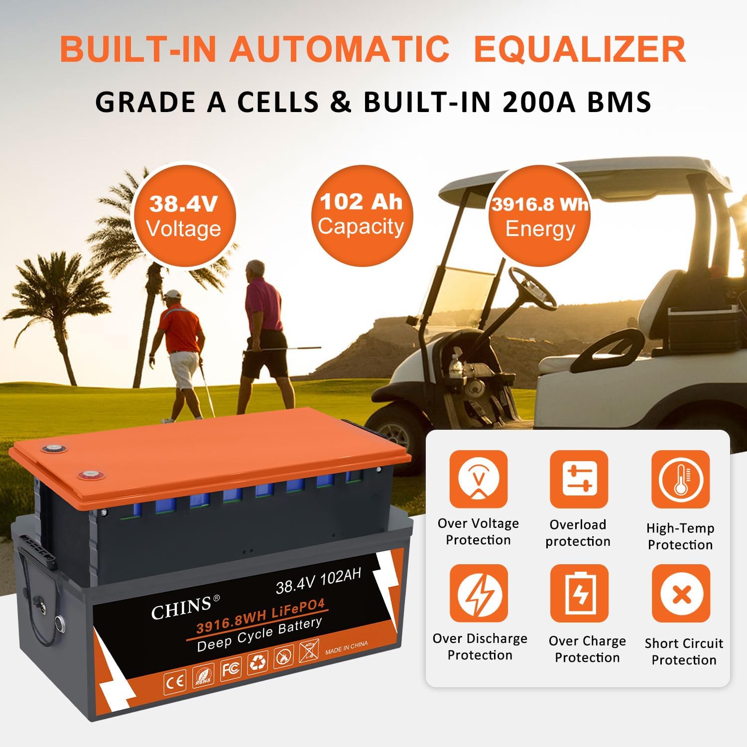 CHINS 36V Lithium Golf Cart Battery, 200A BMS, with Touch Monitor and Retention Strap, 5000+ Cycles 36V 102AH Lithium Battery with Charger Perfect for Golf Carts