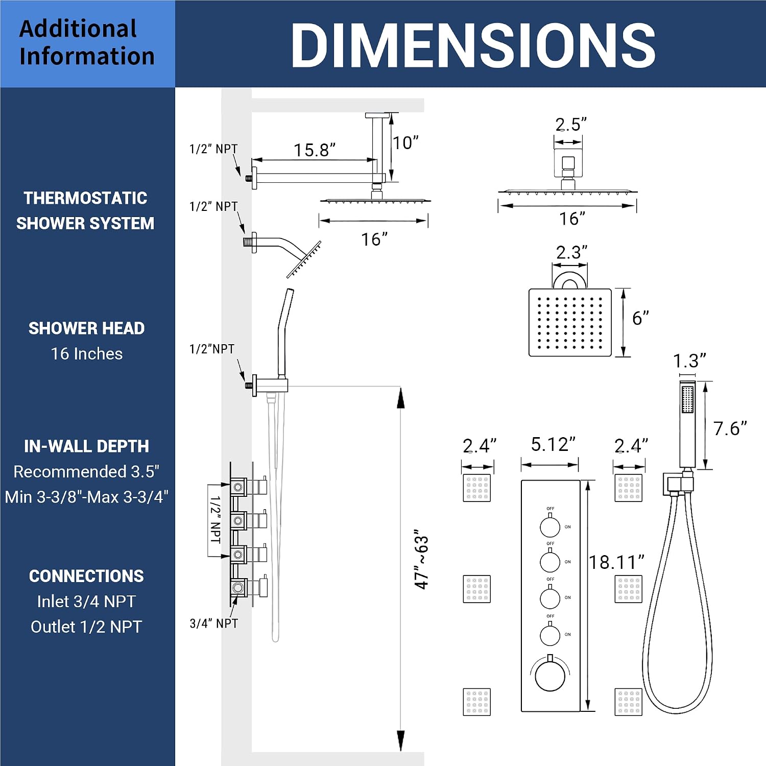 Dasan Thermostatic Dual Shower Head System with 6 Body Jets, 6-Inch Shower Head & 16' Rainfall Shower, Luxury Brushed Gold Shower Faucet Set Tandem Rain Shower Head System for Couples/ 2-Person