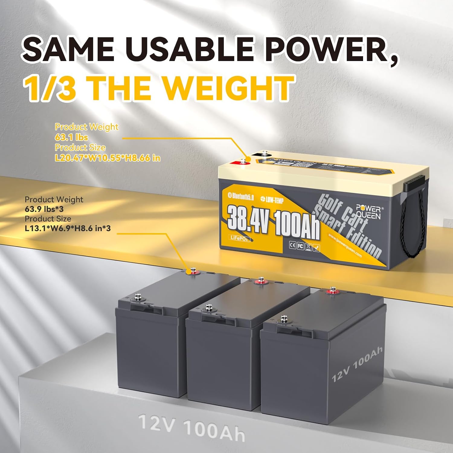 power queen 36V 100Ah Lithium Battery, LiFePO4 Battery Bluetooth 15000+ Cycles, Group 8D,Low Temp Protection for 36V-72V Electric Outboard Motors, Marine, Golf Cart E-Z-GO TXT, Off-Grid