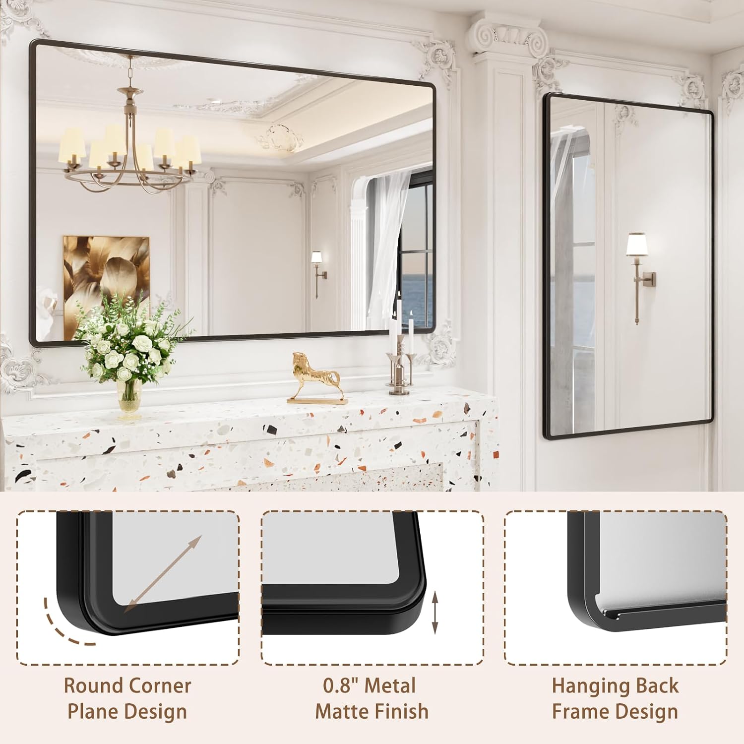 pertetey New Upgrade Bathroom Mirror, 60X40 Inch Black Metal Frame Wall Mounted Rounded Rectangle Bathroom Vanity Mirror with Tempered Glass for Washroom Bedroom Living Room
