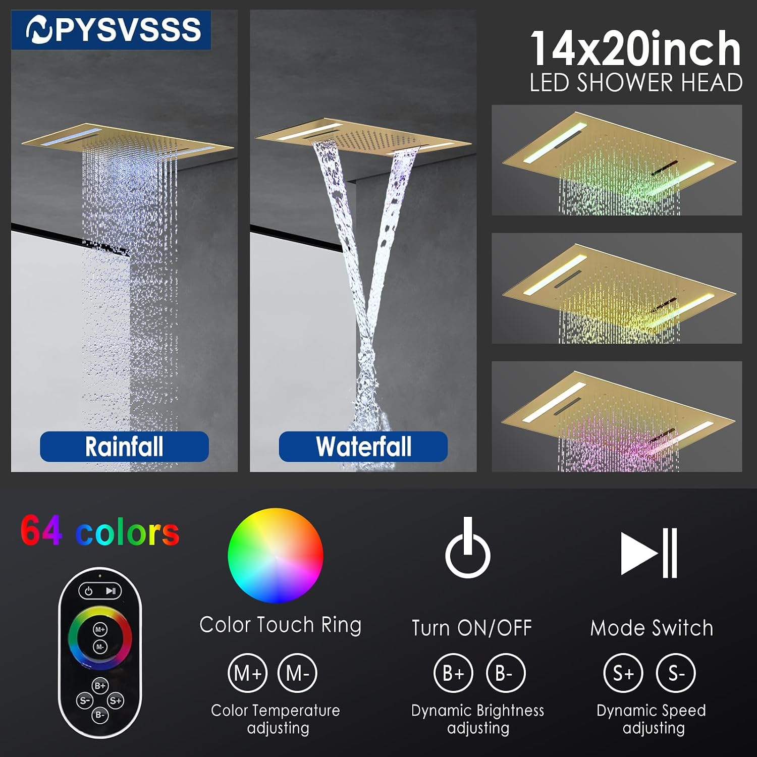 Dual Rain Shower Head Thermostatic Luxury Spa Shower System And Ceiling Mount 14x20 Inch LED 4 Functions with 6 Inch Wall Head Shower Faucet Set,Brushed Gold