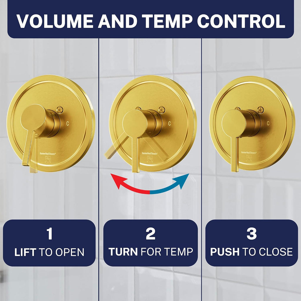 HammerHead Showers Solid Metal Single-Handle Trim Kit with Rough-In Shower Valve, Volume and Temperature Control, Pressure Balance, Brushed Gold