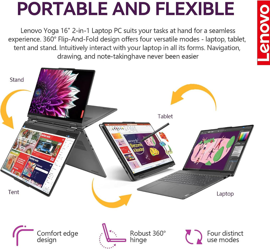 Lenovo 2025 Yoga 7i 2 in 1 Laptop Touchscreen|16' FHD+ 360 Foldable Touch Screen Convertible|Intel Core Ultra 7, 16GB DDR5 RAM 512GB SSD+512GB Portable SSD|Windows 11 Pro Lifetime Office|Backlit|FP