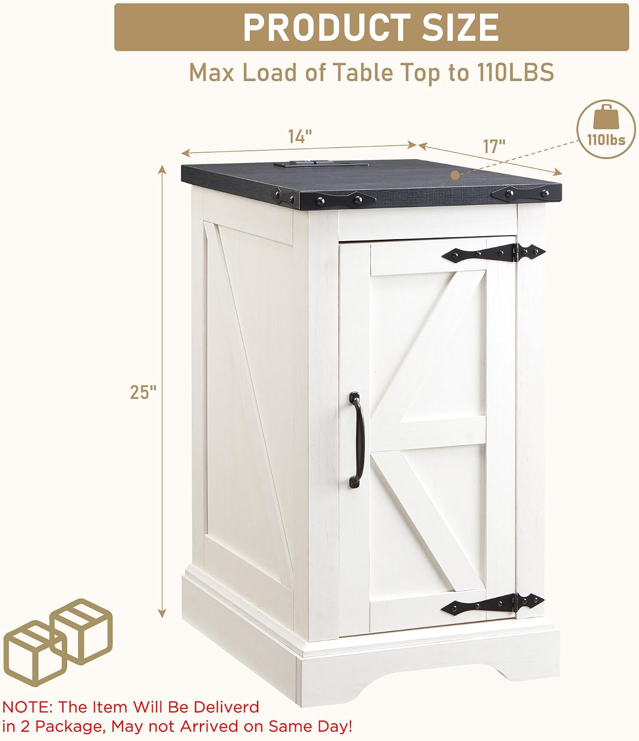 JXQTLINGMU Farmhouse Nightstand Set of 2 with Charging Station, 17' D Rectangular End Table with Barn Door & Adjustable Storage Shelf, Wood Rustic Sofa Side Table for Living Room, Bedroom, White