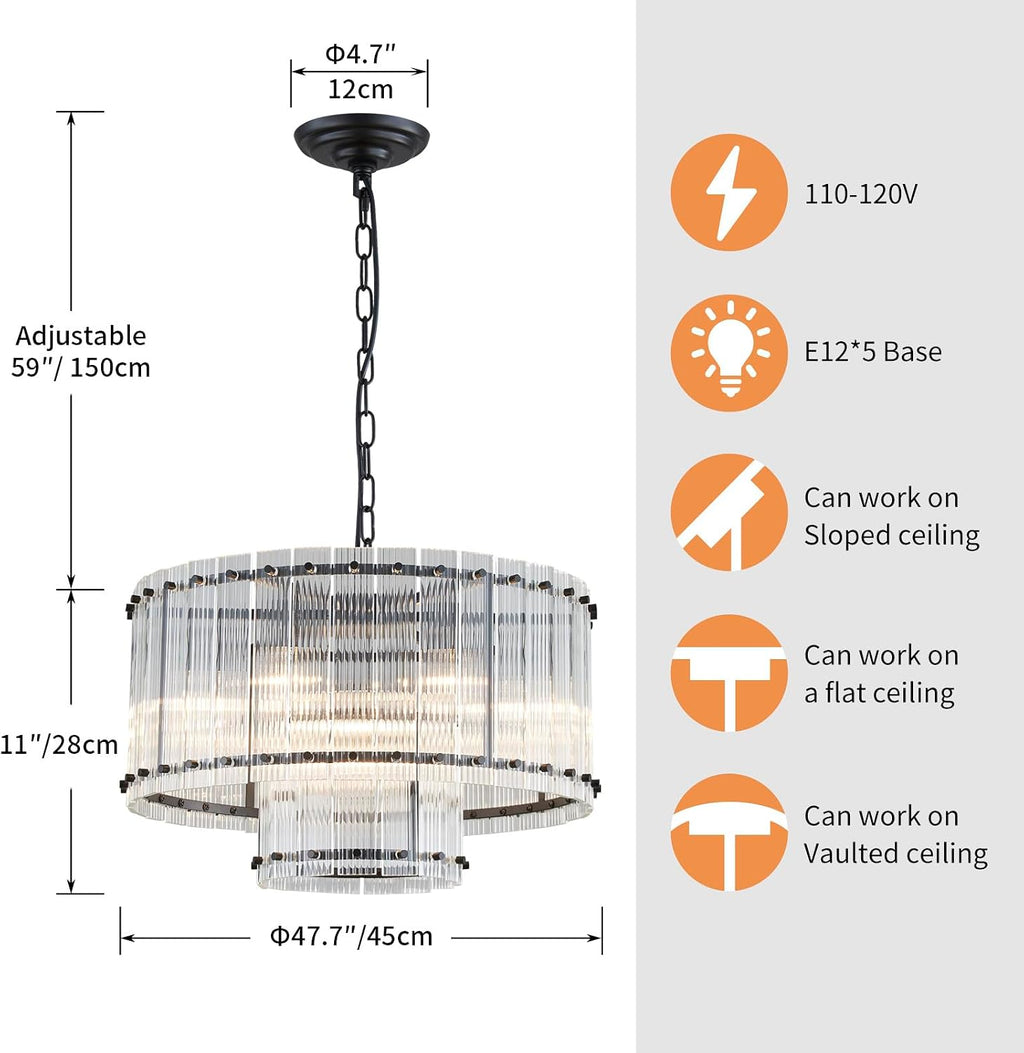 Saint Mossi Black Drum Chandelier Light Fixture, Doule Layer Middle Century Modern Design, with 7-Light, D18 x H10, Adjustable 59' Chains, Glass Shade & Black Metal Frame