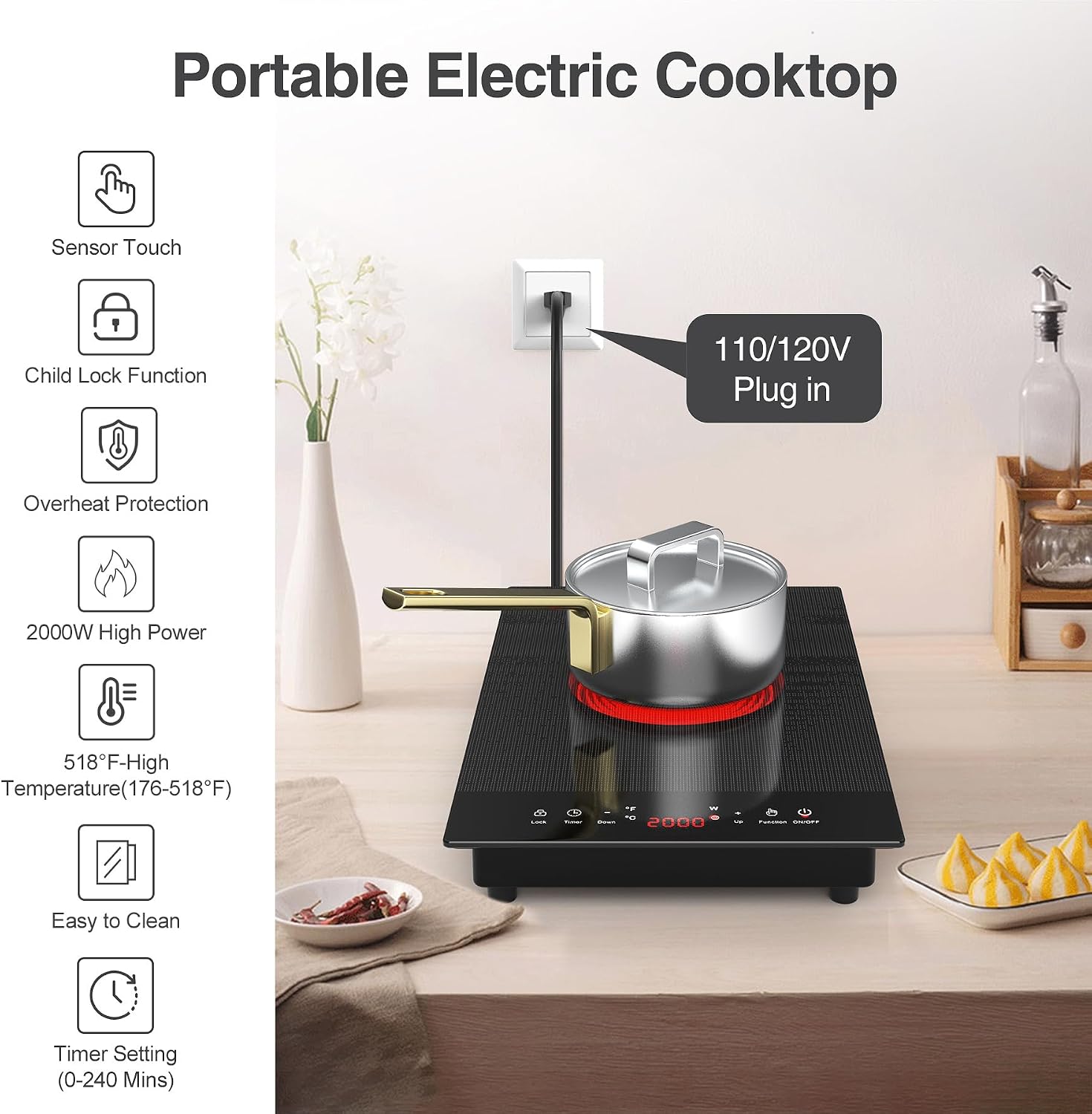 VBGK Single and Double Electric Cooktop, 110V Electric Stove Top with 9 Power Levels, Kids Lock & Timer,LED Touch Control,Overheat Protection Electric Stove