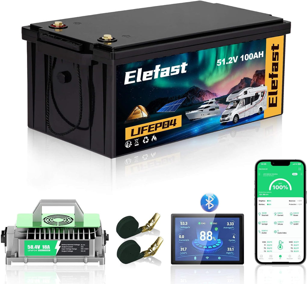48V 100AH Golf Cart Batteries,48V Lithium Battery Golf Cart with 58.4V 18A Charger and LCD Bluetooth Monitor,Peak Current 1000A,Built-in Smart 200A BMS,Perfect for Golf Carts,Solar Energy,Off-Grid