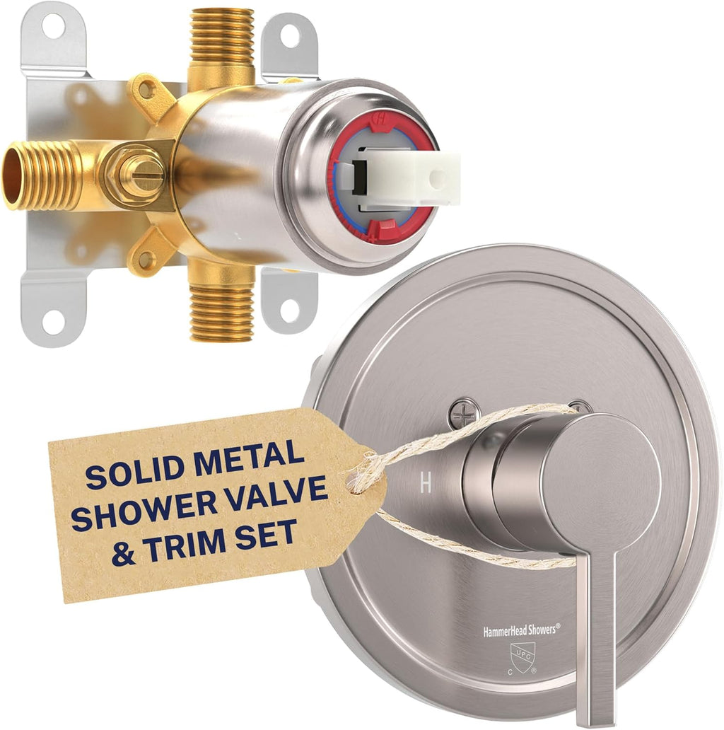 HammerHead Showers Solid Metal Single-Handle Trim Kit with Rough-In Shower Valve, Volume and Temperature Control, Pressure Balance, Brushed Nickel