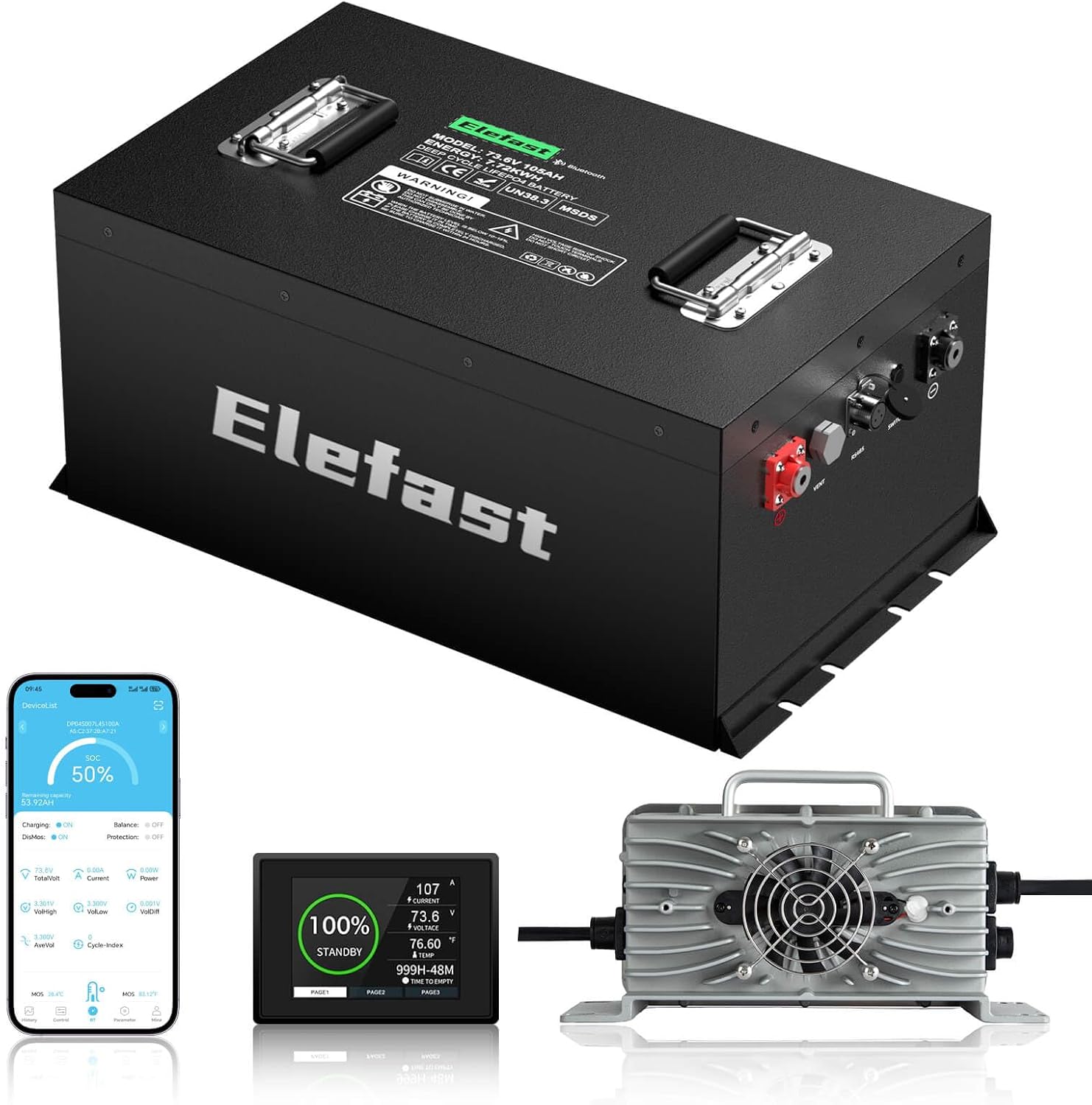 105AH 72V (73.6V) Lithium Golf Cart Battery, 800A Peak, with 83.9V 15A Fast charger and LCD Touch Screen,Built-in 200A BMS and BlueTooth, Max 7.728kWh Energy, 8000+ Deep Cycle, Perfect for Golf Carts