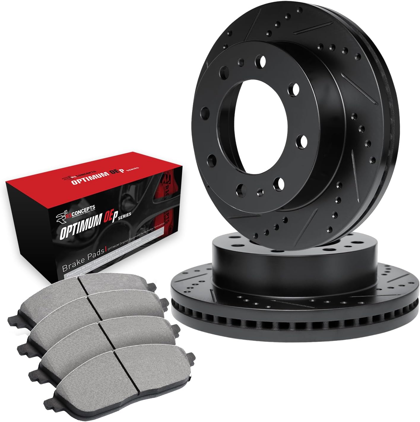 R1 Concepts Front Brake Kit Fits 2011-2024 Ram 2500; 2019-2024 Ram 3500| Optimum Oep Brake Pads and Drilled Slotted Brake Rotors| 14.2' Front