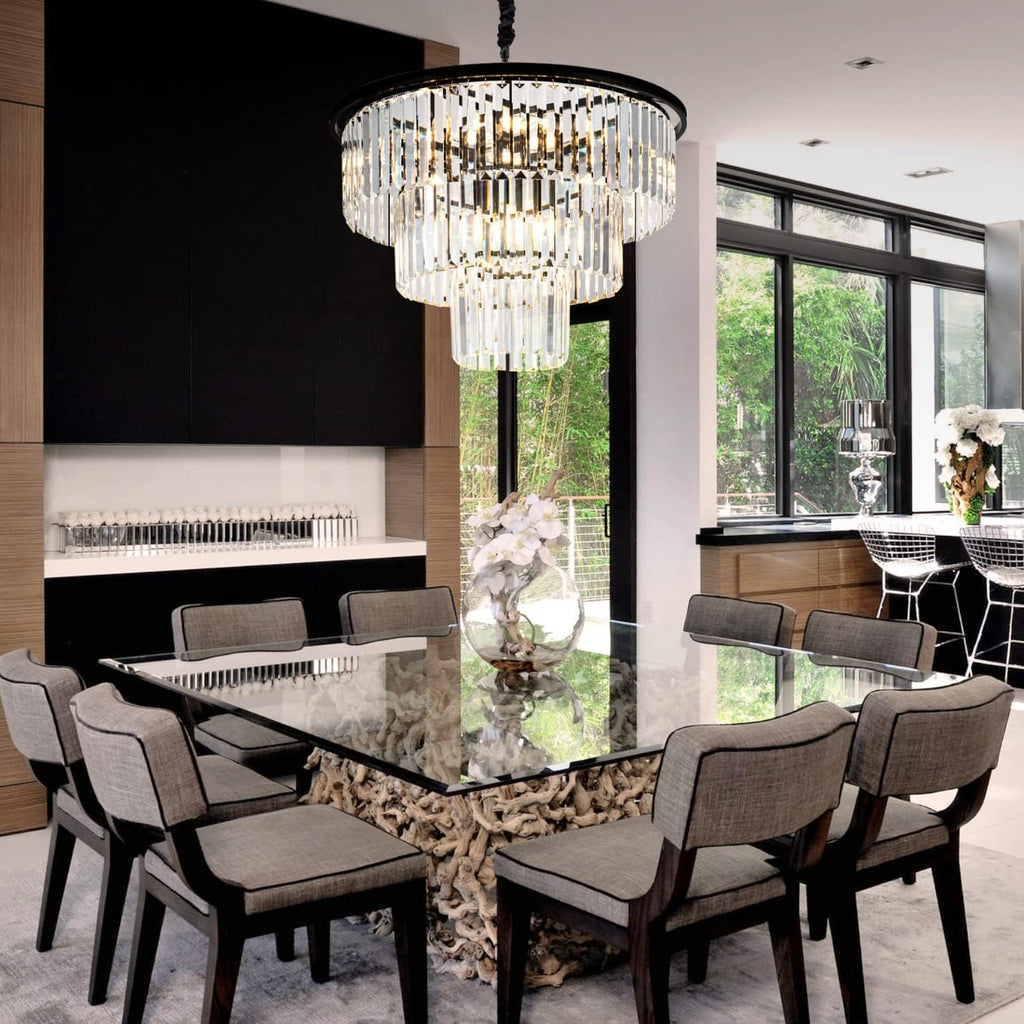 12 Lights 23.64' Black Modern Crystal Chandelier Crystal Pendant Ceiling Light Fixture 3-Tier Hanging Lighting for Dinning Room Bedroom Living Room Foyer