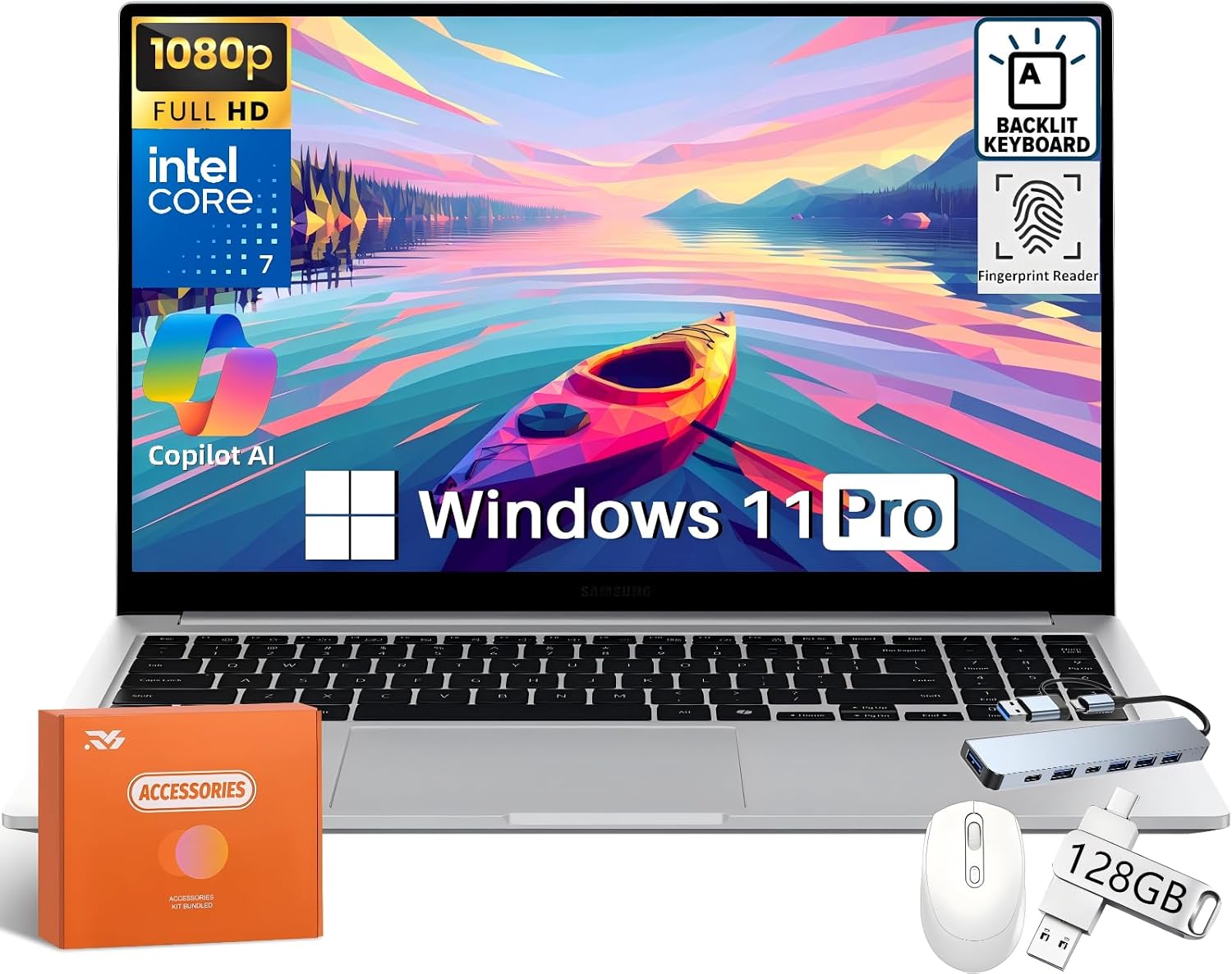 Samsung Galaxy Book4 Business Laptop Copilot AI PC, 15.6 FHD Display, Intel 10-Core 7 150U, 16 GB RAM, 2 TB SSD, 128GB UFD, 7-in-1 USB HUB, Backlit KB, Fingerprint, WiFi, Bluetooth, HDMI, Win 11 Pro