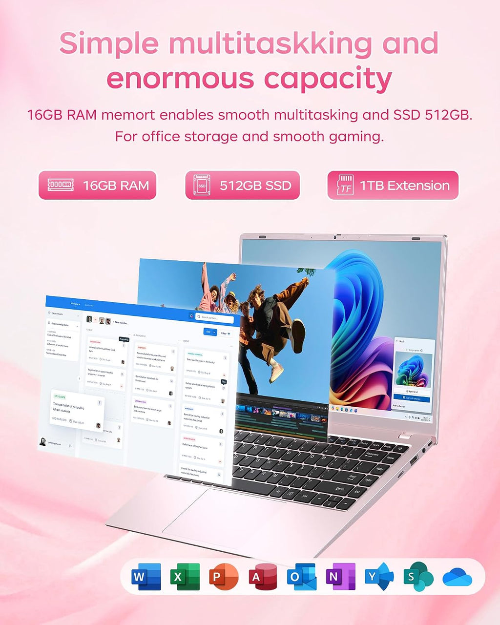 2026 Pink Laptop, Pentium Gold 6500Y Processor(Up to 3.4 GHz),16GB RAM 512GB SSD,14 Inch FHD IPS Display, 5000mAh Battery,Type-C