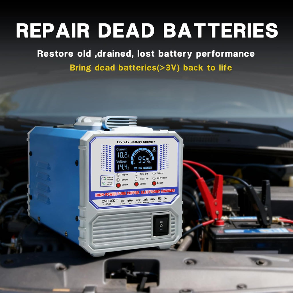 Battery Chargers Automobile 12 Volt & 24V Smart Automatic Car Battery Charger,Maintainer with Auto Shutoffs, Repair/Winter Mode,Trickle Charger for Automotive,Truck,Motorcycle,RV,AGM