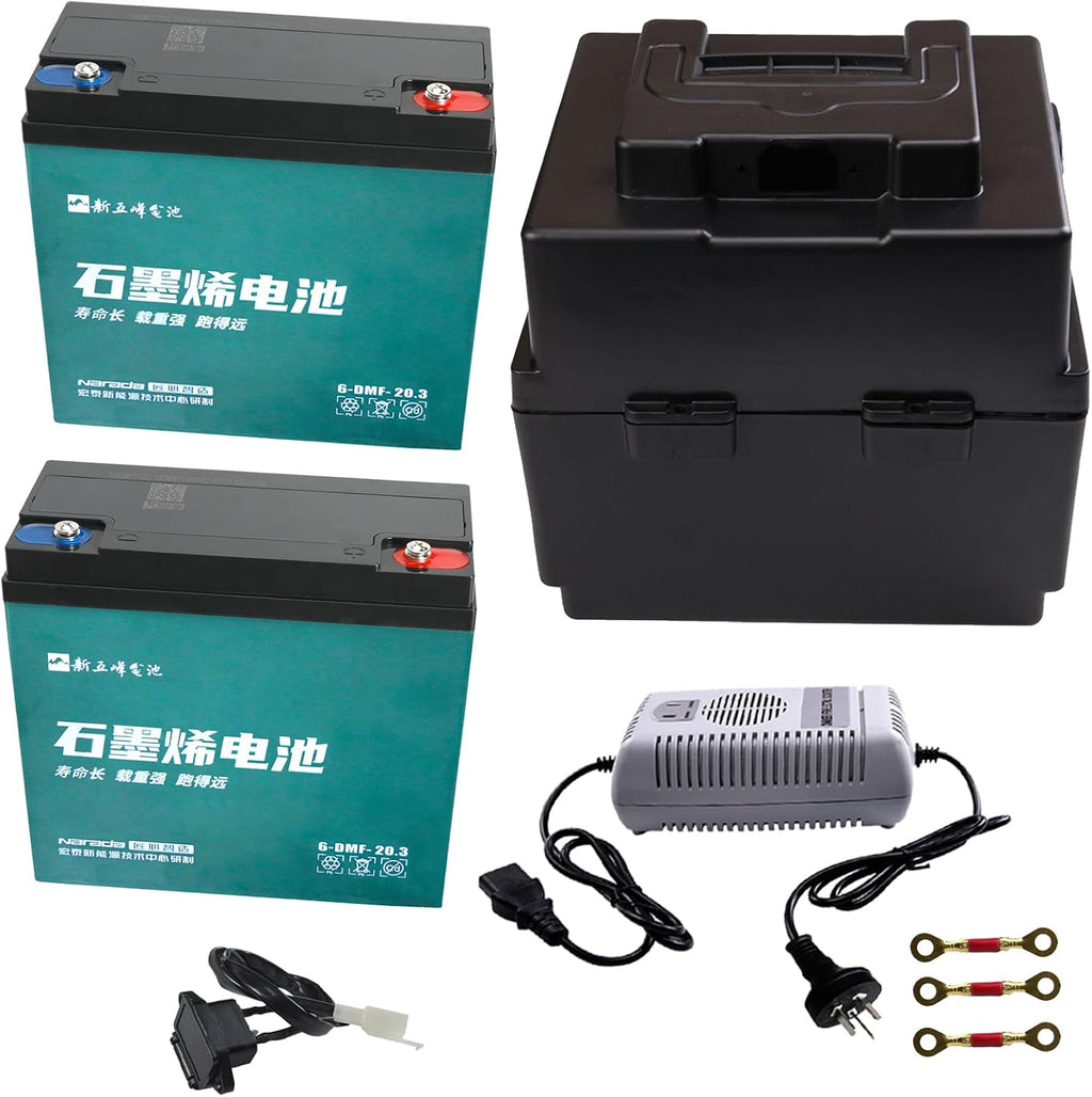 12V 20Ah AGM Sealed Lead Acid Batteries with 48V 2.5A Charging & Storage Box – Universal Powersports Battery Kit for ATV UTV Dirt Bike Go-Kart Golf Cart Tricycle Mini Bike Lawn Mower (2 Pack)